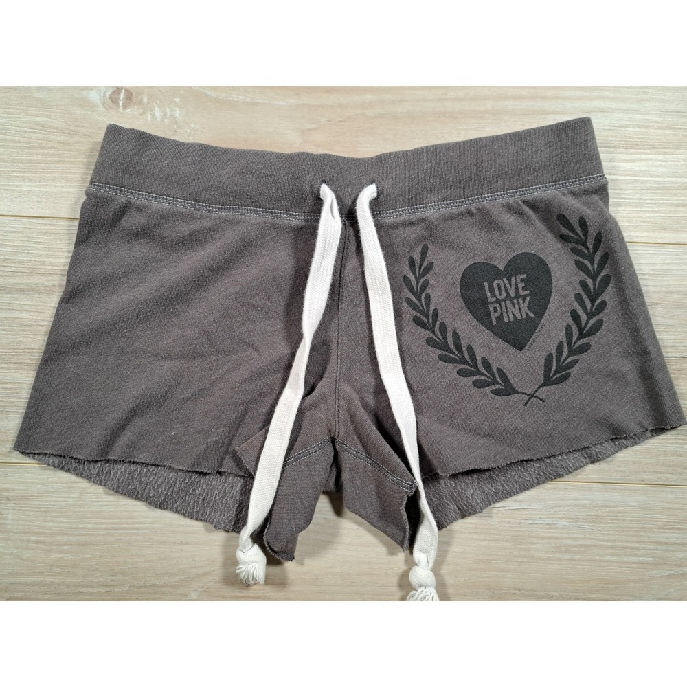 Victoria's Secret PINK Gray Heart Graphic Lounge Shorts XS Raw Hem Drawstring